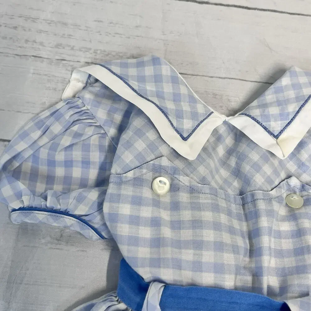 Vintage Girl's Dress Nannette size 3 Toddler Frock Blue White Gingham Collar